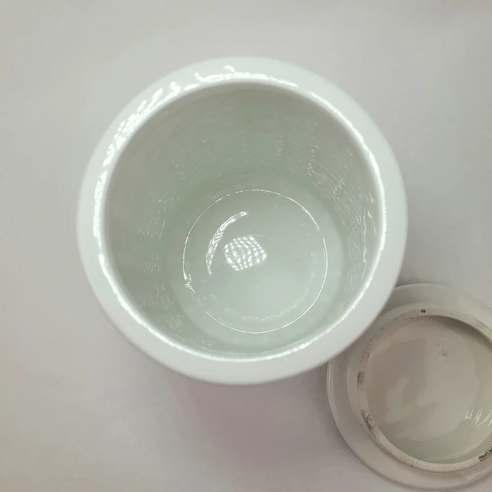 THL White Ceramic Coffee Canister Embossed Quatrefoil Brass Plaque Farmhouse